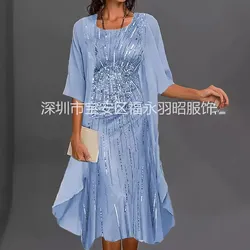 Elegante Formale Party Kleider Frauen Glänzende Pailletten Drucken Halbe Hülse O Neck Kleid Mit Chiffon Schal Abendkleid Weibliche Kleid