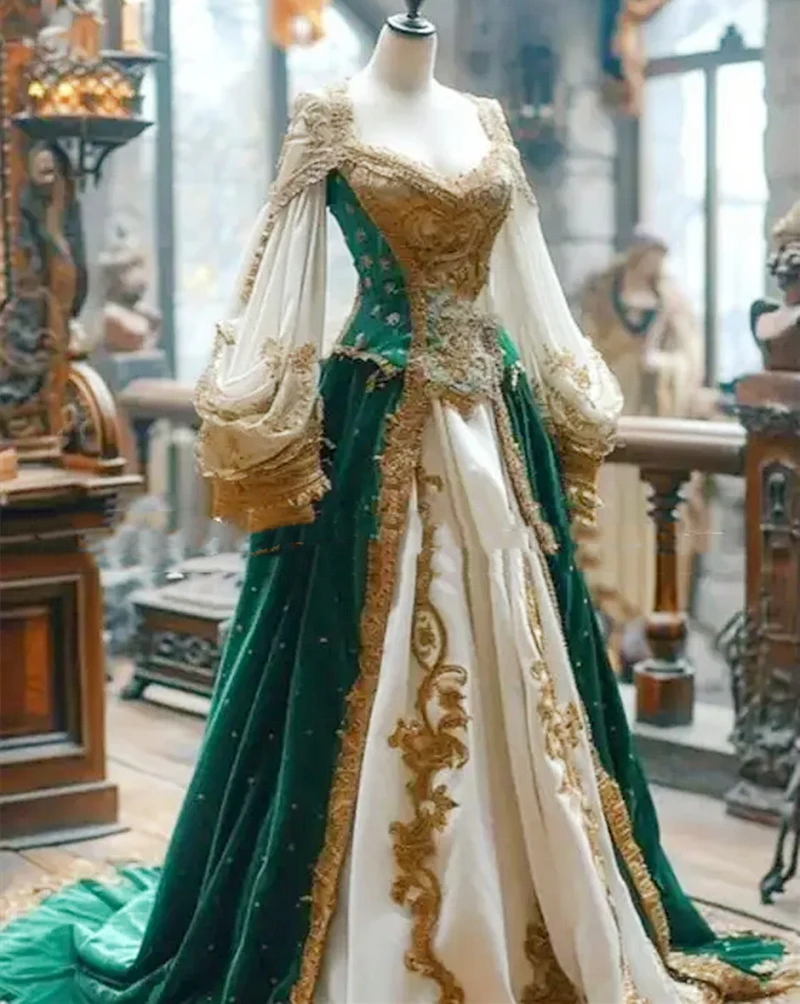Elegantes mittelalterliches Abendkleid für Frauen mit langen Ärmeln, weiß und grün, A-Linie, Vintage-Partykleider für formelle Anlässe, individuell gestaltet