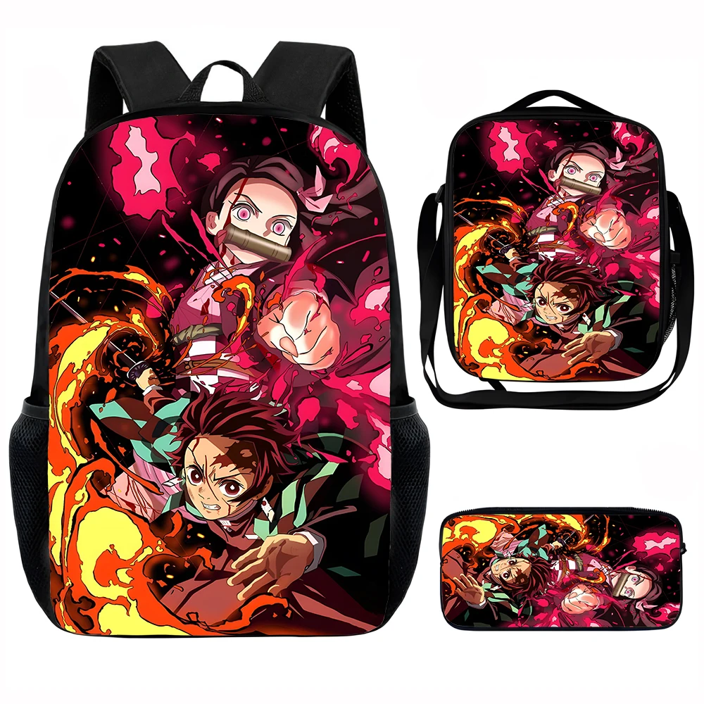 Sac à dos d'école pour enfants Anime D-demons S-slayers avec sacs à déjeuner, sacs à crayons, sacs d'école pour garçons et filles, meilleur cadeau