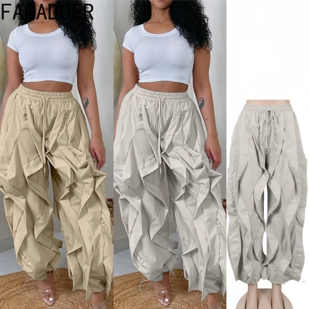 FAGADOER Casual Ruched Patchwork Lantern Sleeve Pants Women High Waist Drawstring Patchwork Pants Female Streetwear Trousers New