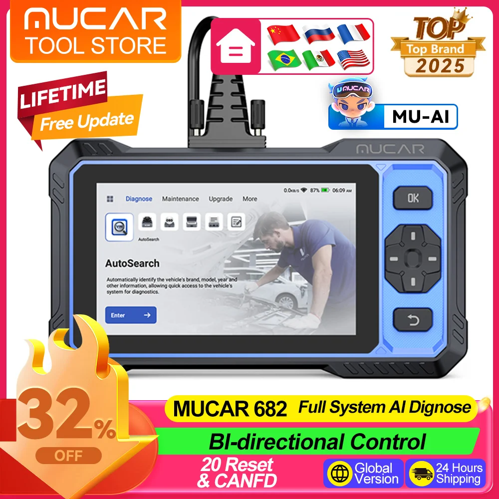MUCAR 682 Strumenti diagnostici Sistema completo Scanner OBD2 automobilistico BI-direzionale 20 Reset Aggiornamento gratuito a vita Strumenti di scansione per auto CANFD