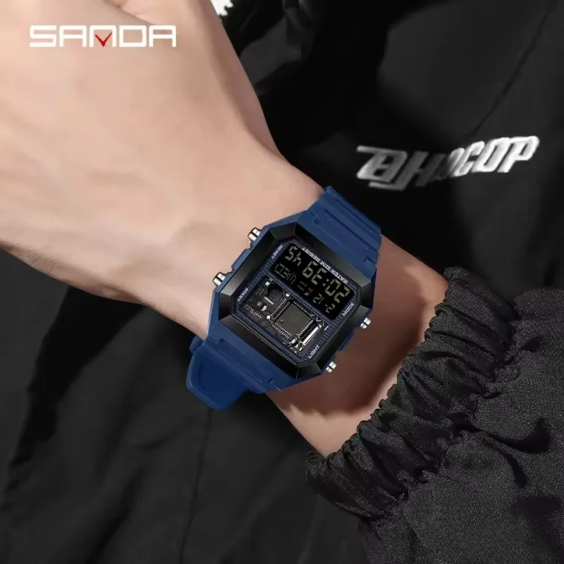 SANDA 6216 Men's Fashion Electronic Watch Student Square Dial Multi functional Waterproof Night Light Alarm Clock Calendar Sport