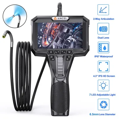 ANCEL AN302 Two-Way Articulating Borescope Dual Lens Endoscope Inspection Camera Industrial Inspection 6.5mm 4.3inch IPS Screen