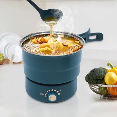 Portable Electric Hot Pot w/Foldable Handles Mini Hot Pot Multi-Functional Ramen Noodle Cooker with Power Adjustment