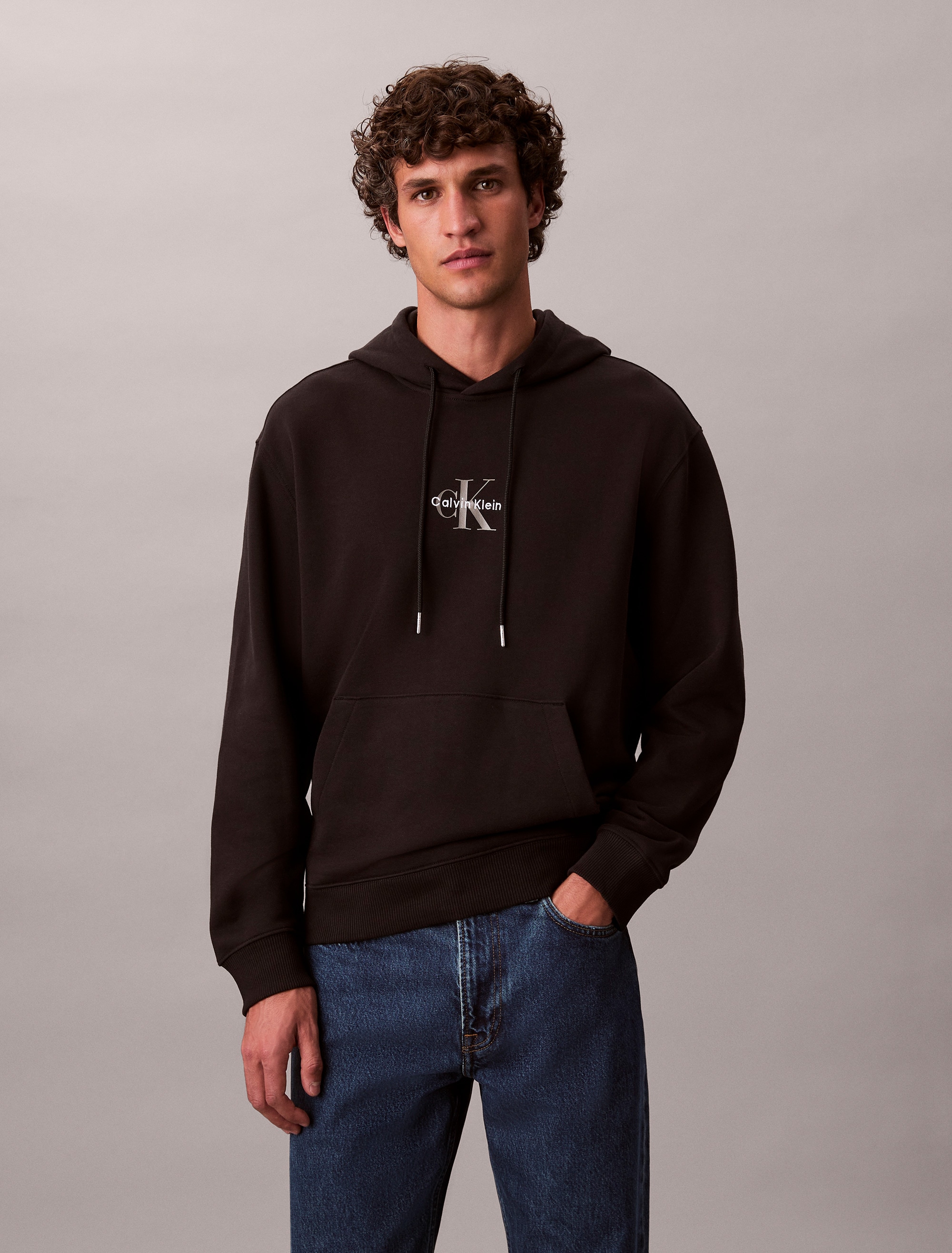 Sweatshirt CALVIN KLEIN JEANS "LS EU 350TERRY MICRO MONOLOGO HO", Herren, Gr. S, schwarz, Sweatware, Obermaterial: 100% Baumwolle, unifarben, regular fit normal, Rundhals, eingesetzt Bündchen, Sweatshirts, Kapuze, regular fit Image