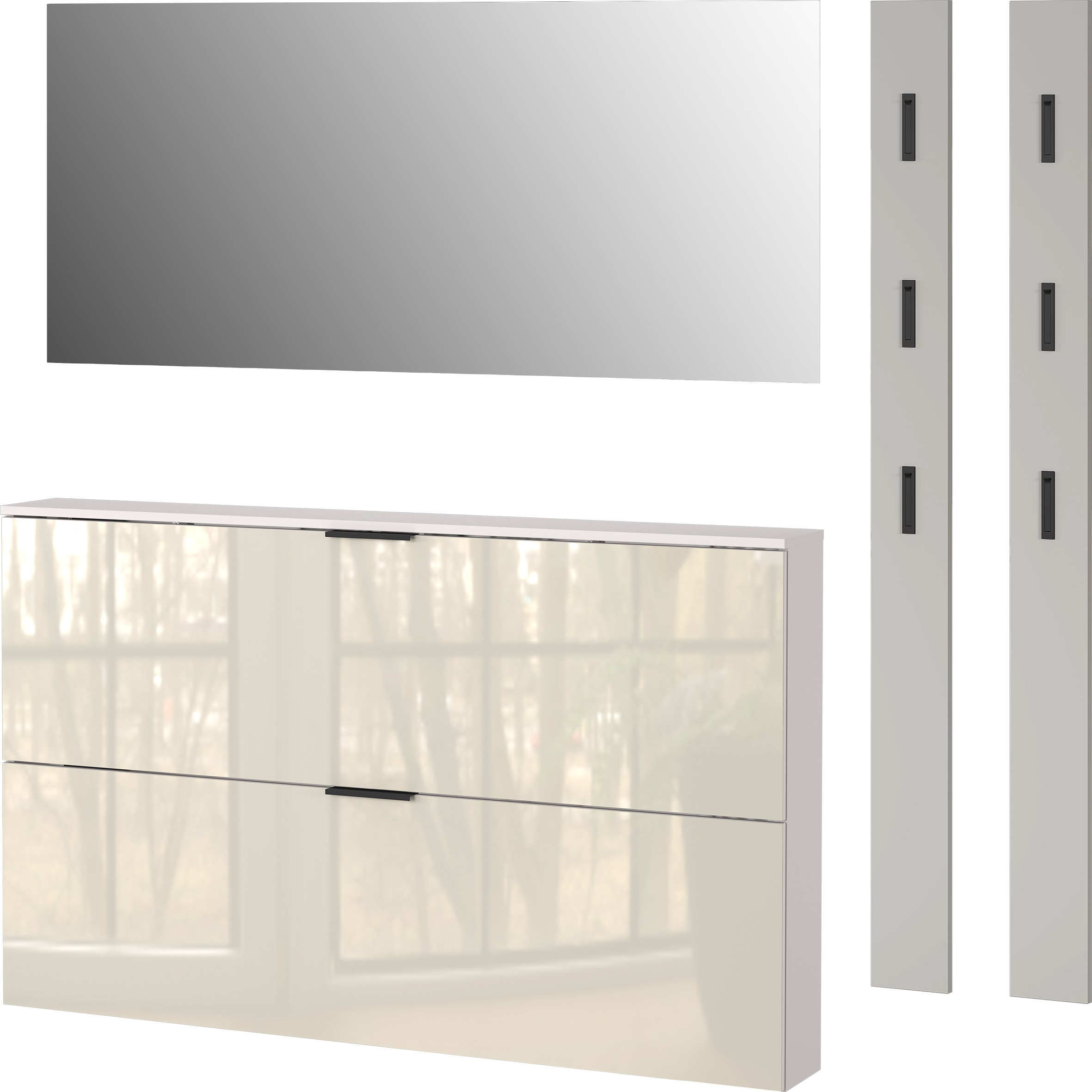 Garderoben-Set GERMANIA "Valega", kaschmir, B:200cm H:200cm T:19cm, Glas, Spanplatte, Kastenmöbel-Sets, Schuhschrank mit Glasfronten, Spiegel und zwei Garderobenpaneelen