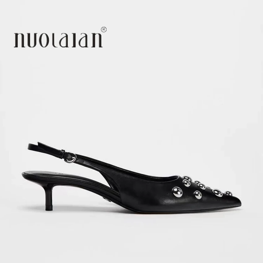 Mode Schwarz Niet High Heels Sandalen Frauen 2025, Sommer Slingback Pumps Spitz Mit Hohen Absätzen Elegante Party Dame Schuhe