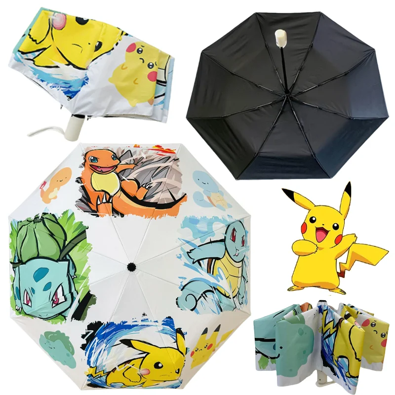 Pikachu Squirtle Regenschirm, Cartoon, automatisch zusammenklappbar, sonniger Regen, Dual-Use-Regenschirme, tragbarer Reise-Sonnenschutz, Sonnenschirm Image