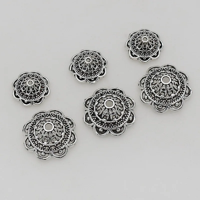 50 teile/los Klassische Antike Silber Aushöhlen Blume Perlen Kappen 14mm 19mm Große Größe Handgemachte Quaste End Kappen tabletts DIY Schmuck Machen
