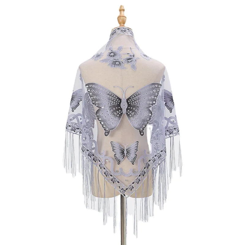 150 x 65 cm bedruckter Schmetterlings-Spitzenschal, dreieckiger Quastenschal, elegante Damen, einfarbig, glänzende Schals, modischer Umhang, zwanzig Farben Image