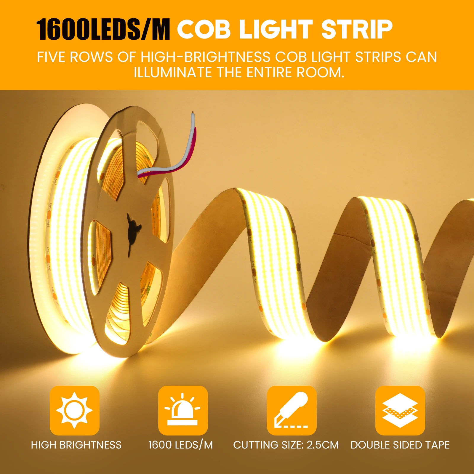 1600 LED/M Super Bright DC 12V 24V COB Strip 3000K 4000K 6000K IP21 Non Impermeabile Decorazioni per la casa Nastro flessibile Corda LED Luce
