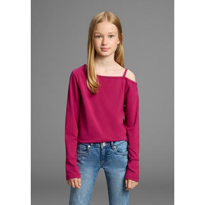 Langarmshirt KIDSWORLD "Off-Shoulder Shirt", Mädchen, Gr. 164/170, rot (bordeaux), Jersey, Obermaterial: 95% Baumwolle, 5% Elasthan, unifarben, modisch, figurbetont hüftlang, asymmetrischer Ausschnitt, Langarm, Shirts, Mit modischer Schulterlösung Image