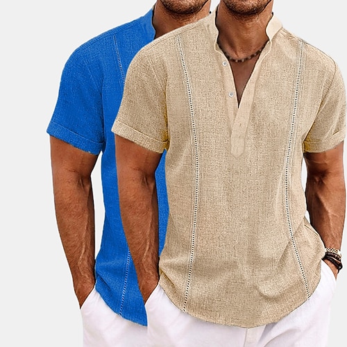 Herren Hemd Leinenhemd Guayabera Hemd Popover-Hemd Sommerhemd Strandbekleidung Einfach Urlaub Kreuzfahrt Weiß Khaki Weiß Marineblau GrünKhaki KhakiMarineblau Kurzarm Kragen Sommer Frühling Image