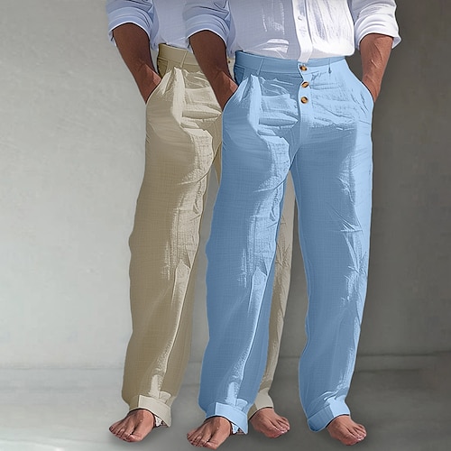 Herren Leinenhosen Hose Sommerhose Strandhose Fronttasche Gerader Schnitt Mehrfachpackung Einfach Komfort Atmungsaktiv Volle Länge Outdoor Geschäft Täglich Urlaub Mode Weiß Khaki Khaki Schwarz Image