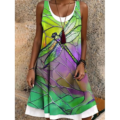 Damen Minikleid Sommerkleid A Linie Kleid Schulterfreies Kleid Urlaub Lässig Boho Täglich Normale Passform Grafik Tiermotiv Libelle Ärmellos Rundhalsausschnitt Blau Purpur Grün Sommer Frühling Herbst