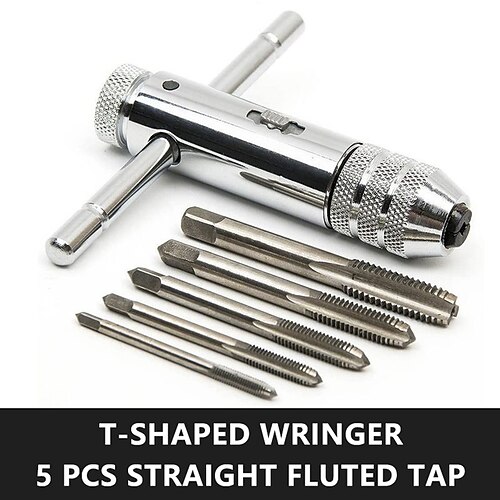 Einstellbarer silberner T-Griff Ratschen-Gewindebohrerhalter mit 5 Stück m3-m8 Maschinengewinde metrischem Stecker T-förmiger Gewindebohrer Image