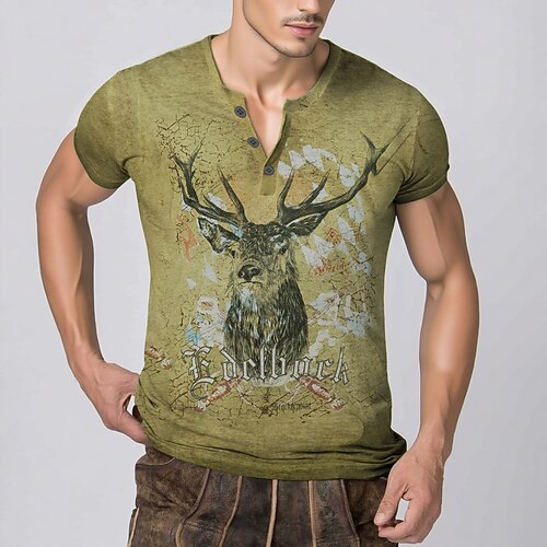 Lederhosen T-Shirt Match Henley-Shirt Bayerisch München Deutsch alpin Erbe T-Shirt Ärmel Grafik für Herren Erwachsene 3D-Druck für Karneval Oktoberfestbier Party Image