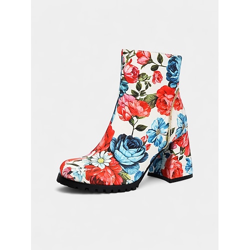 Damen-Stiefeletten mit Totenkopf- und Rosen-Print für Halloween – Stiefeletten mit klobigem Blockabsatz und seitlichem Reißverschluss im Gothic-Stil für Cosplay, Partys und Herbstfestivals Image