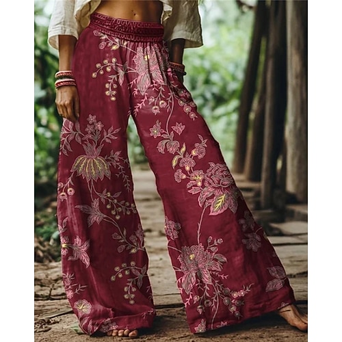 Damen Weites Bein Hosen Hose Palazzo-Hose Mode Boho Volle Länge Hohe Taille Blume Elastischer Bund Druck Atmungsaktivität Bequem Straße Alltagskleidung Ausgehen Wein Frühling Herbst Normale Passform Image