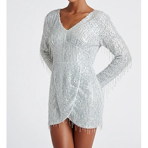 Retro Vintage Goldene Zwanziger 1920er Mini Flapper Kleid langarm Der große Gatsby Pailletten Fransen V Ausschnitt Kostüm Damen Maskerade Hochzeit Abendgesellschaft Maskerade Erwachsene Kleid Image