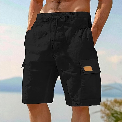 Herren Cargo-Shorts Shorts Leinenshorts Sommershorts Strandshorts Elastischer Bund Kordelzug Mehrere Taschen Einfach Knielang Outdoor Ferien Strand Urlaub Hawaiianisch Schwarz Weiß Unelastisch Image