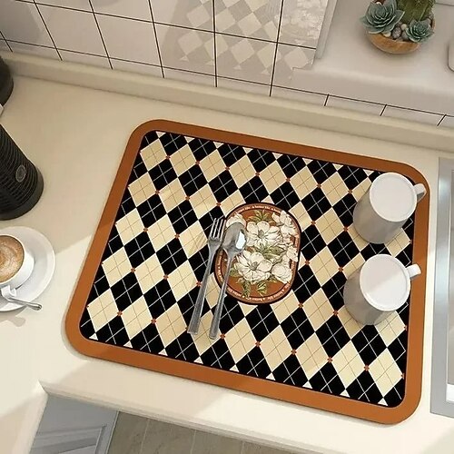 Abtropfmatte im Fantasie-Stil, Kieselgur, Küchen-Abtropfmatte, wasserabsorbierendes Tischtablett für Geschirr, Tassen, Kaffeemaschinen, schnelltrocknender Oberflächenschutz für Arbeitsplatten