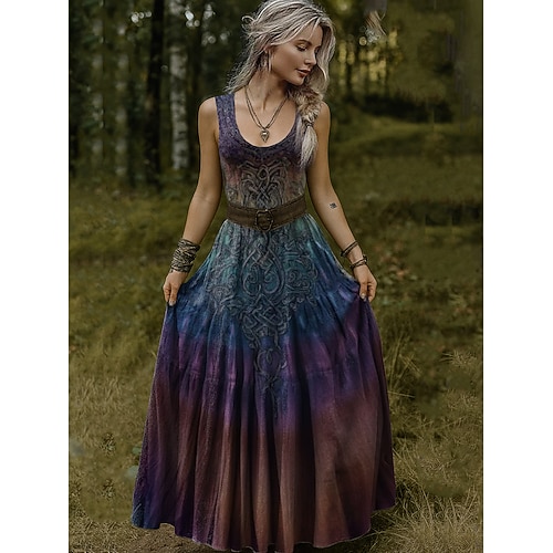 Damen Midi Kleid Boho Vintage Wikinger Keltischer Knoten Verlauf Kunst Kleid Faltenrock Kleid Urlaub Lässig Standard Fit Grafik Abstrakt Ärmellos V-Ausschnitt U-Ausschnitt Fuchsia Orange Amethyst Image