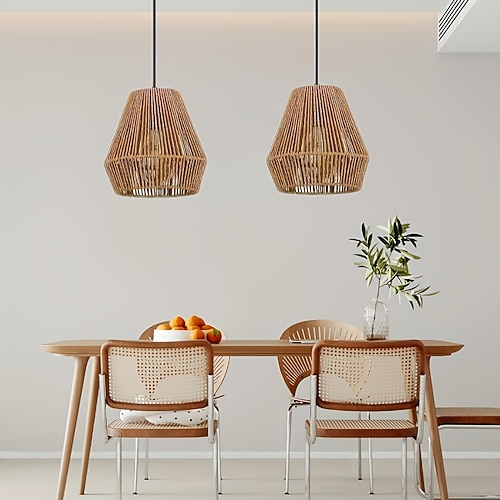 Pendelleuchte im Landhausstil aus geflochtenem Seil, künstlerisches Hohldesign, 20 cm Höhe, warmweißes/weißes Licht, E26/E27, verstellbare Kette Image