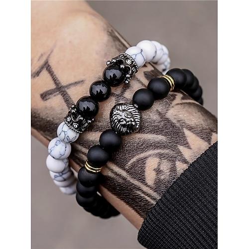 Herren-Armbandset aus Natursteinperlen mit Löwenkopf-Anhänger – 2-teiliges Stretch-Armband für Punk-Stil, Geschenke und Street-Fashion-Kleidung