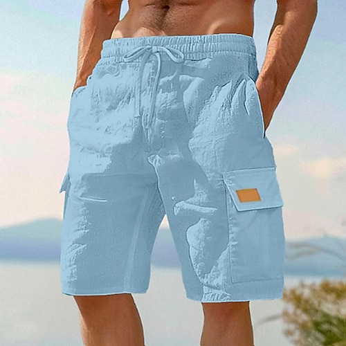 Herren Cargo-Shorts Shorts Leinenshorts Sommershorts Strandshorts Elastischer Bund Kordelzug Mehrere Taschen Einfach Knielang Outdoor Ferien Strand Urlaub Hawaiianisch Schwarz Weiß Unelastisch Image