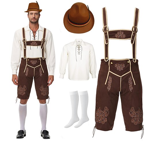 Oktoberfest Lederhosen Hemd Alpenhut Bayerisch Deutsch Wiesn Herren Karneval Party Bier Festival Stoff im traditionellen Stil Bluse Shorts Austattungen Image