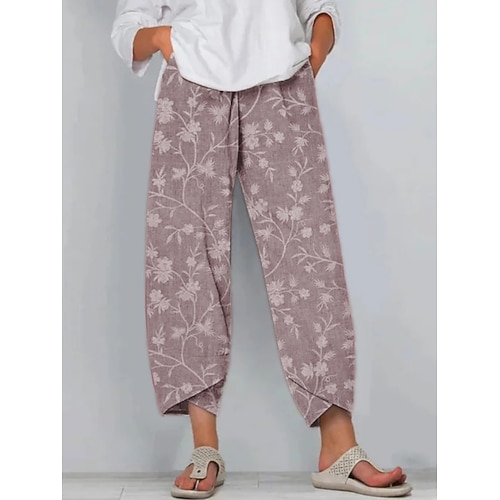 Damen Kunstbaumwollleinen Chinos Hosen Hose Aktiv Alltagstauglich Lang Hohe Taille Blumen Tasche Elastischer Bund Drucken Atmungsaktivität Weich Mikroelastisch Urlaub Straße Alltagskleidung Blau Image