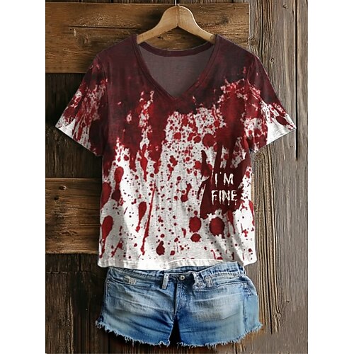 Bloody Problem Gelöst Womens T-Shirt Blutfleck Grafik Buchstabe Vintage Stilvoll Klassisch Kurzarm V-Ausschnitt Reguläre Oberteile Täglicher Druck Grau/Rot Weiß Weinrot Rot Weiß Frühling Image