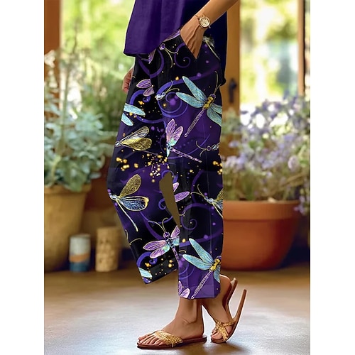 Damen Leinenähnliche Chinos Urlaub Vintage Casual Voll Länge Hochbund Grafik Tierisch Tasche Weich Outdoor Atmungsaktiv Unelastisch Täglich Outdoor Violett Rot Grün Sommer Frühling Herbst Reguläre Image