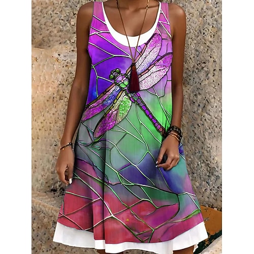 Damen Minikleid Sommerkleid A Linie Kleid Schulterfreies Kleid Urlaub Lässig Boho Täglich Normale Passform Grafik Tiermotiv Libelle Ärmellos Rundhalsausschnitt Blau Purpur Grün Sommer Frühling Herbst