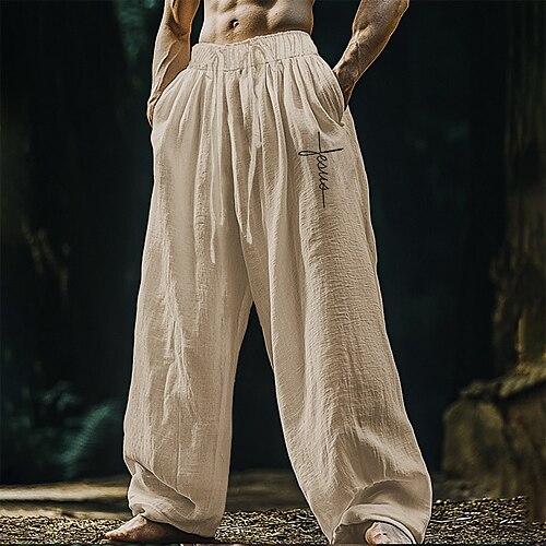 Herren Leinenhosen Hose Sommerhose Strandhose Tasche Elastischer Bund Kordelzug Einfach Komfort Atmungsaktiv Urlaub Täglich Ferien Hawaiianisch Boho Schwarz Weiß Image
