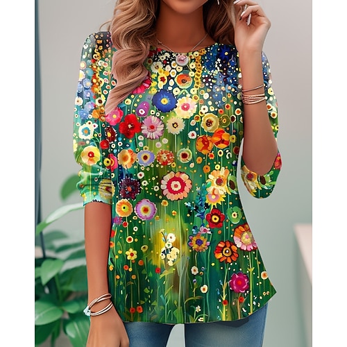 Womens T-Shirt Langarm Rundhals Langarm Tunika Casual Druck Reguläre Tops Tagesdruck Regenbogen Frühling Herbst Vorausherbst Image