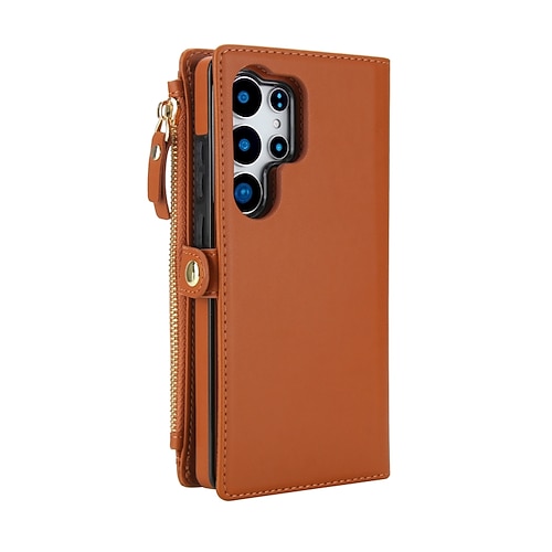 Handy Hülle Handyhüllen Für Samsung Galaxy S25 S25 Edge S24 S24 FE S23 Ultra Plus S22 Plus Ultra A16 A55 5G A35 5G A15 Brieftaschenhülle Reisverschluss mit Trageriemen Kartenfach Retro TPU PU-Leder Image