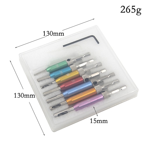 7 stücke farbe türschlossamp; scharnier bohrer set kunststoff box selbstzentrierende vorbohrung hss sechskantschaft holz werkzeug lochsäge diy großhandelspreis Image