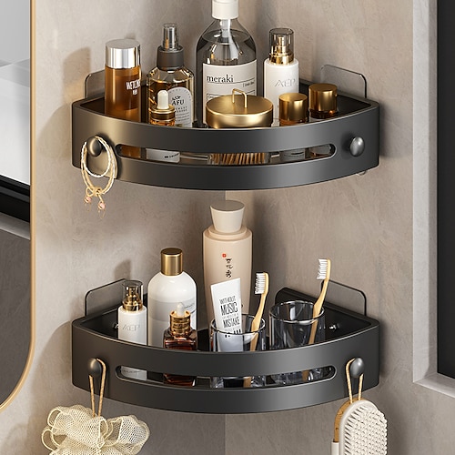 Dreieckiges Badezimmerregal aus ABS in Gun Grey, Eck-Duschregal ohne Bohren, wandmontiertes Aufbewahrungsregal für Toilette, Waschbecken, Waschtisch, Waschraum-Organizer Image