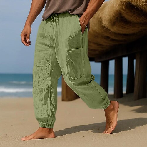 Herren Leinenhosen Hose Sommerhose Baggy-Hosen Elastischer Bund Einfarbig Einfach Komfort Atmungsaktiv Volle Länge Lässig Täglich Ferien Urlaub Mode Schwarz Weiß Mikroelastisch Image