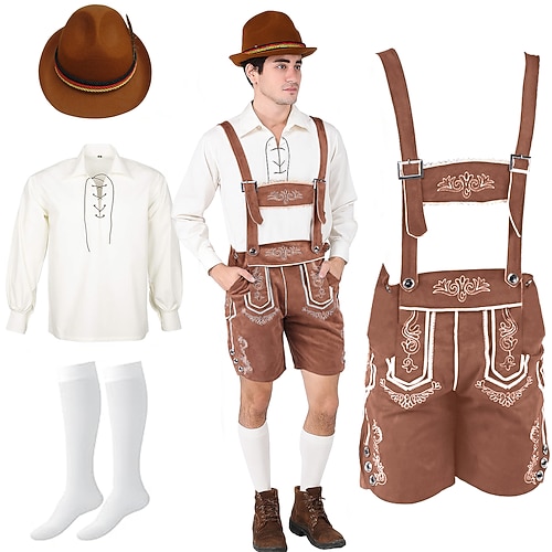 Oktoberfest Lederhosen Hemd Alpenhut Bayerisch Deutsch Wiesn Herren Karneval Party Bier Festival Stoff im traditionellen Stil Bluse Shorts Austattungen Image