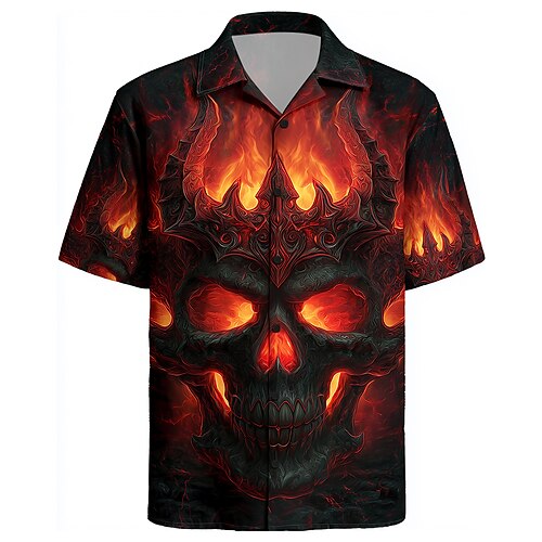 Herren Totenkopf Flammen Kostüme Hemd Kuba Kragen Hemd Knopf Hemd Kurzarm Dunkel Punk Gothic Stil Feiertag Streetwear Sommer Camp Kragen Hemd 3D Druck Rot Orange Image