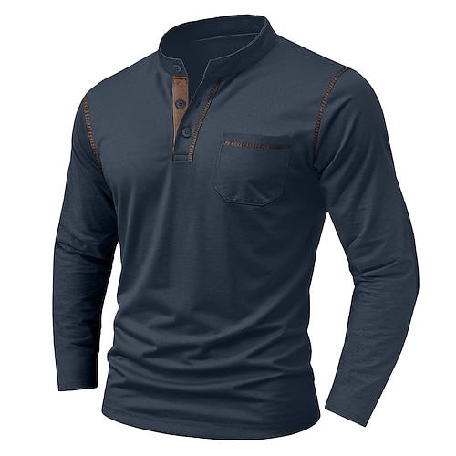 Herren Henley Hemd T-Shirt Langarm Einfarbig Einfach Einheitliche Farbe Mode Designer Lässig Tasche Knöpfe Henley Outdoor Lässig Täglich Sommer Herbst Winter Dunkelgrau Schwarz Weiß Henley T-Shirt Image