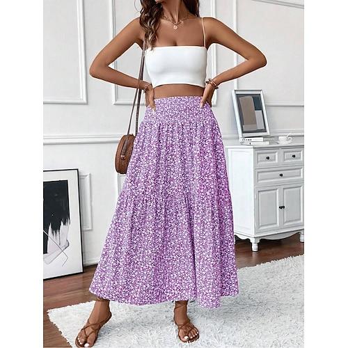 Damen Rock Lässig Maxi Hoher Bund Röcke Amethyst Schwarz Blau Grün Sommer Polyester