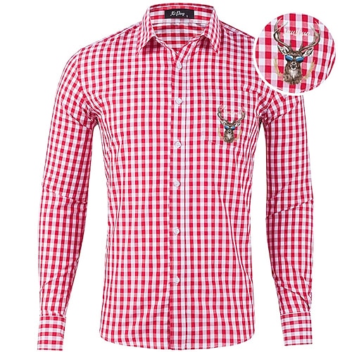 Oktoberfest Kariert Lederhosenhemd Hirsch-Druck Bayerisch Deutsch Wiesn Herren Karneval Bier Festival Stoff im traditionellen Stil Hemd Image