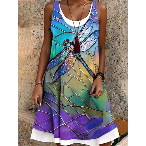 Damen Minikleid Sommerkleid A Linie Kleid Schulterfreies Kleid Urlaub Lässig Boho Täglich Normale Passform Grafik Tiermotiv Libelle Ärmellos Rundhalsausschnitt Blau Purpur Grün Sommer Frühling Herbst