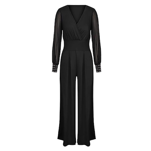 Damen Overall Elegant Einfarbig Langarm Laternenärmel Weites Bein V Ausschnitt Niete Patchwork Schule Urlaub Normale Passform Schwarz Ganzjahres Image