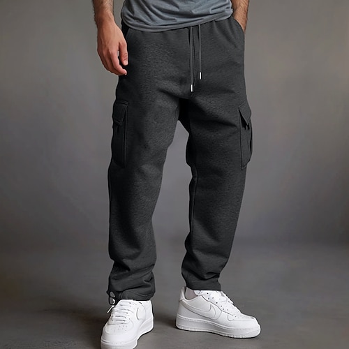 Herren Cargo-Hosen Fleecehose Jogginghose Hose Cargo-Jogginghose Elastischer Bund Kordelzug Mehrere Taschen Einfarbig Einfach Winddicht Außenbereich Volle Länge Lässig Täglich Urlaub Mode Schwarz Image