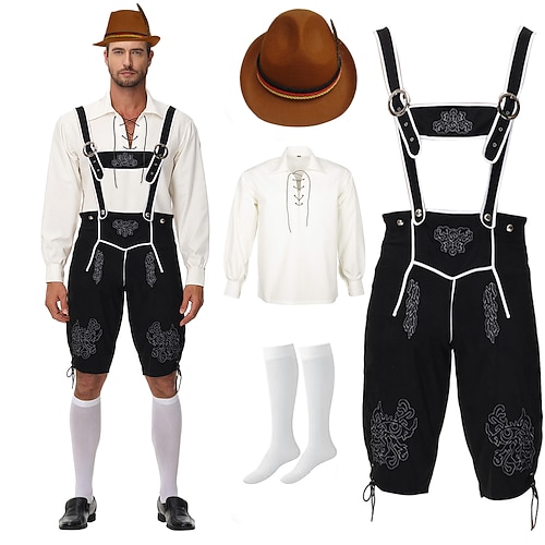 Oktoberfest Lederhosen Hemd Alpenhut Bayerisch Deutsch Wiesn Herren Karneval Party Bier Festival Stoff im traditionellen Stil Bluse Shorts Austattungen Image
